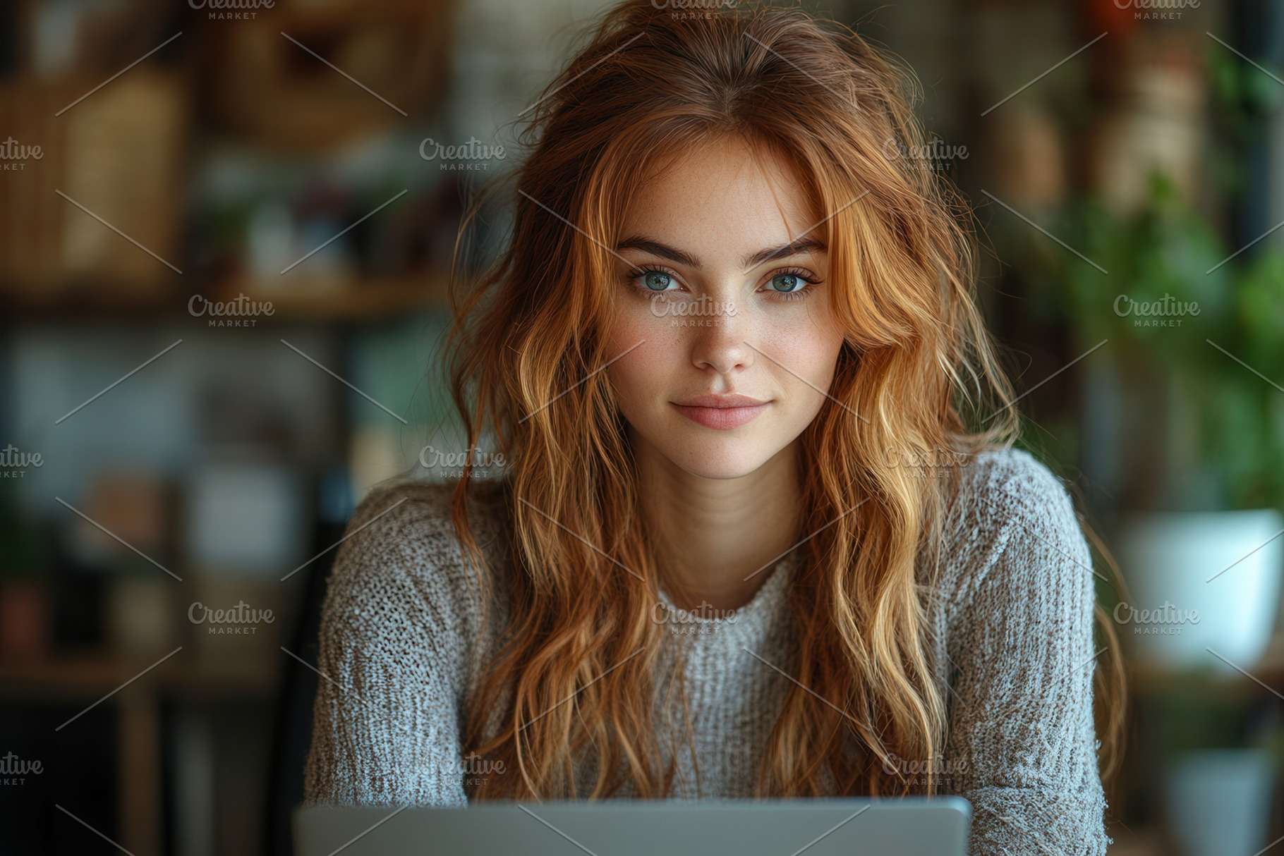 Young woman with red hair working on, a Photo by Tanuart