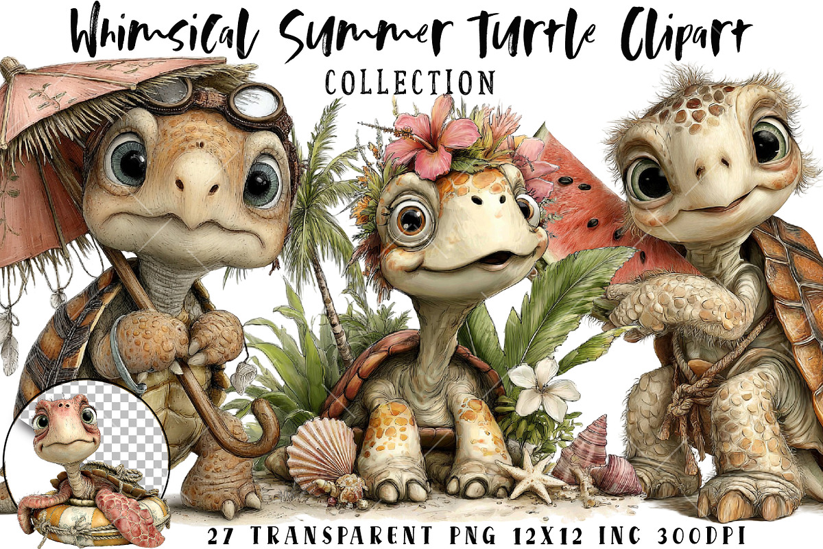 Whimsical Summer Turtle Clipart, an Illustration by OK Design (Photo 1 of 6)