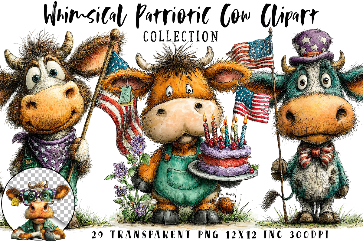Whimsical Patriotic Cow Clipart, an Illustration by OK Design (Photo 1 of 6)