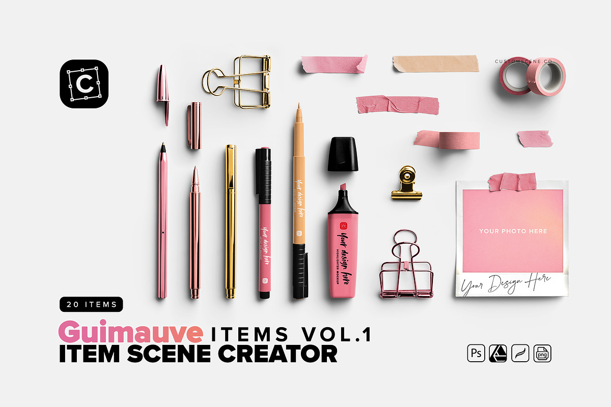 Pens & Washi Tape Desk Elements, a Product Mockup by Custom Scene (Photo 1 of 7)