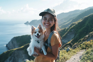 Happy American tourist with her dog, a Photo by Pavel_design