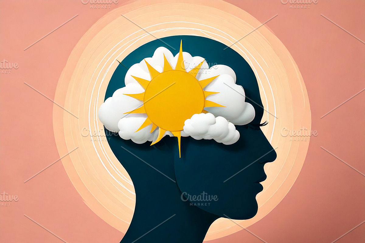 Head silhouette with a cloud and sun inside, symbolizing mental, a Healthcare Illustration by DanFLCreativo
