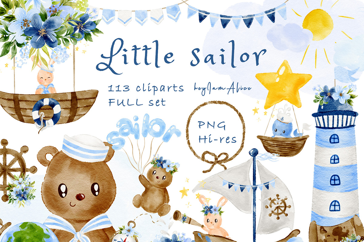 Little sailor nursery clipart, an Animal Illustration by heyiamalice (Photo 1 of 12)