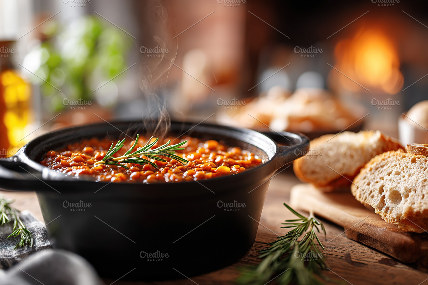 Hearty vegan lentil stew simmering in a cast iron pot with fresh herbs on a rus, a Food & Drink Photo by AlyaAnd