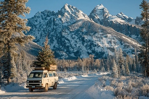 Vintage camper van carrying decorated Christmas tree on snowy mo, a Person Photo by José Manuel Gelpi