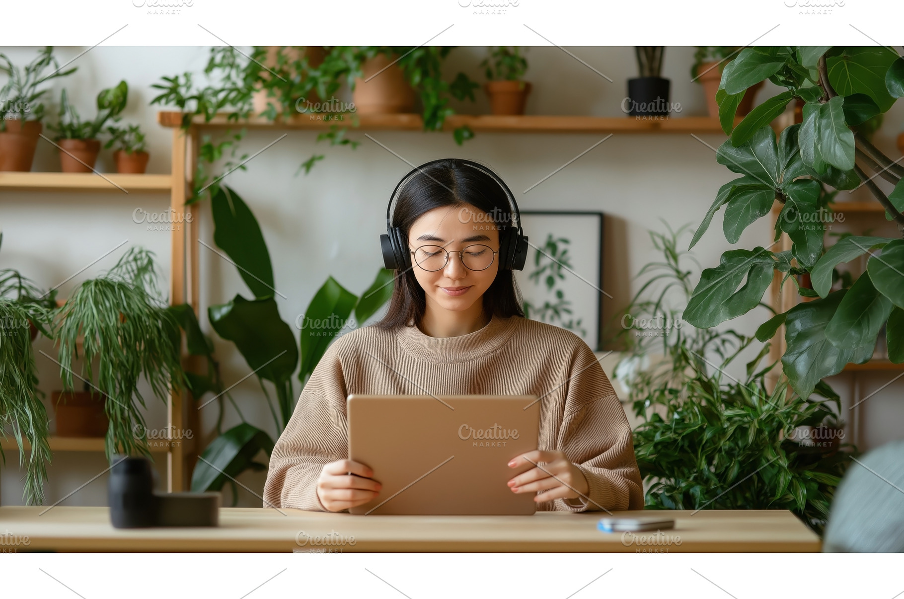 Asian woman wearing headphones using, a Technology Photo by Sergey Kotenev