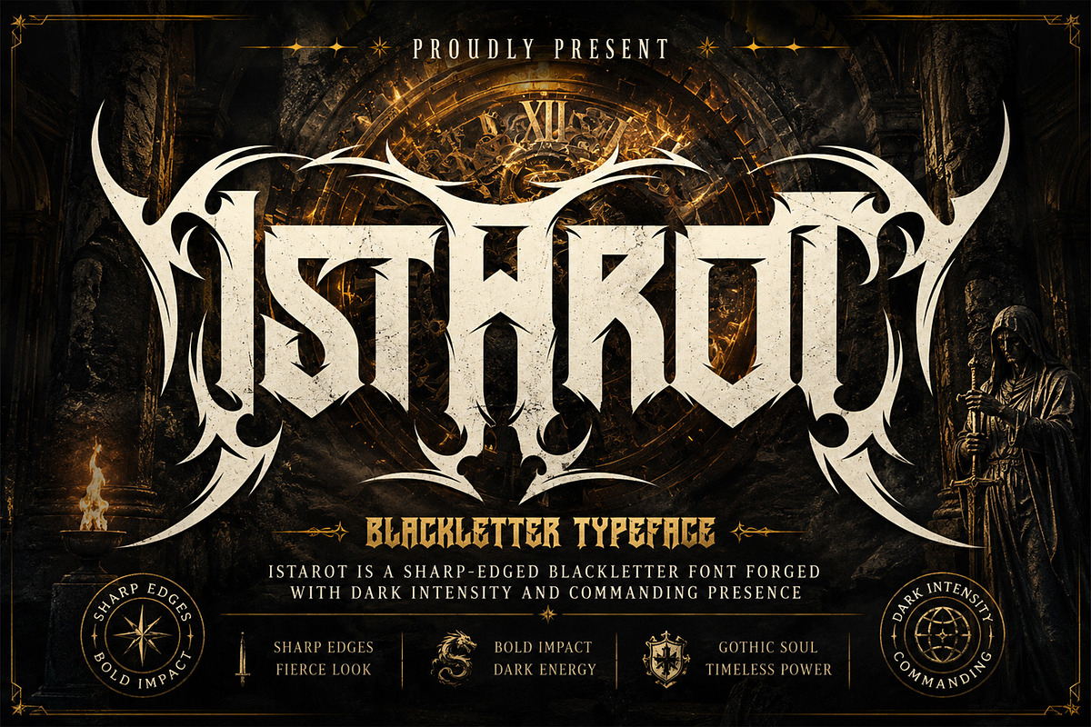 Istarot – Heavy Metal Typeface, a Blackletter Font by Letterara (Photo 1 of 15)