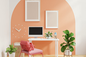 Mockup poster frame in office room
