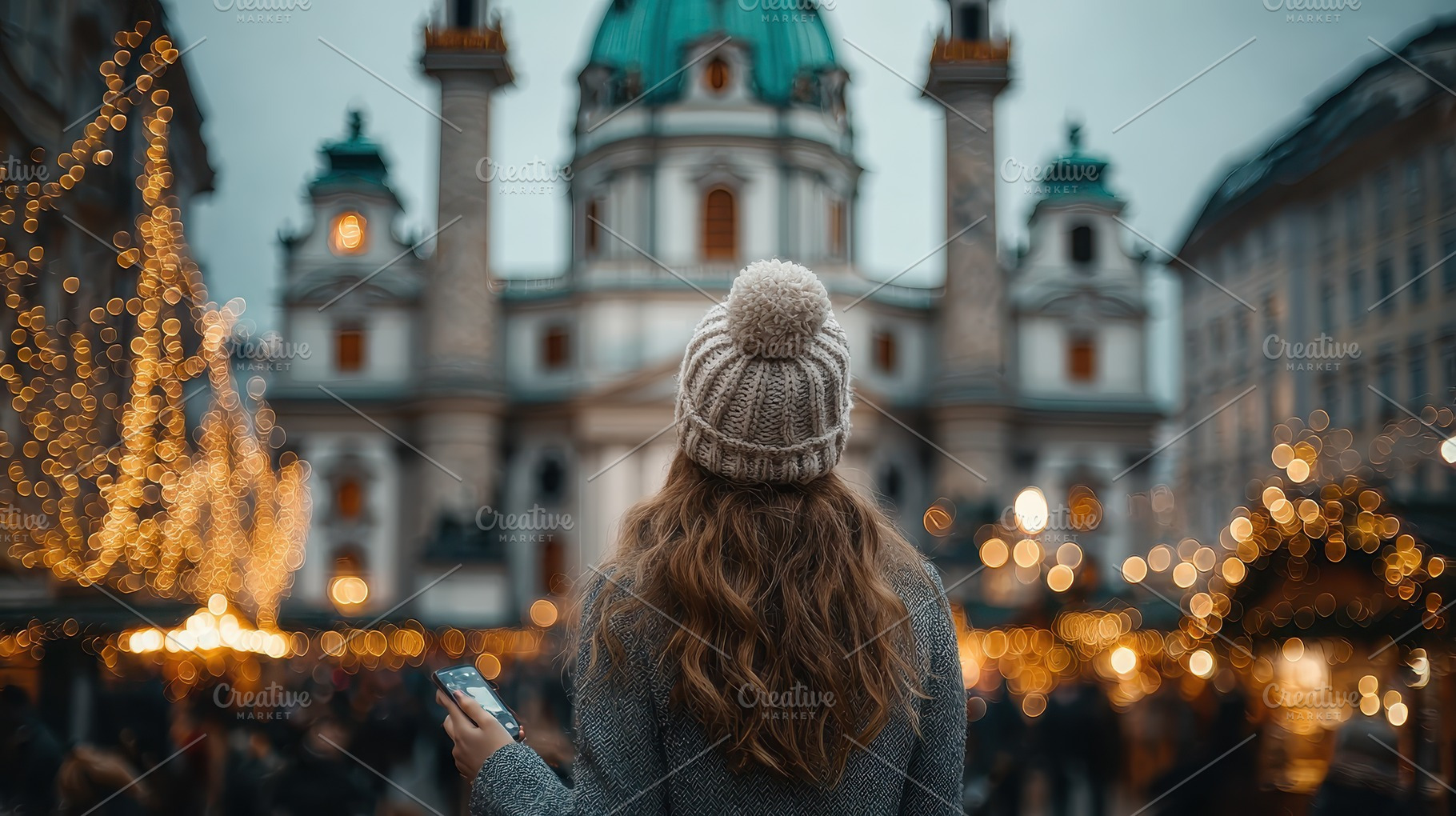 Woman admires Christmas market light, a Photo by Pixeness Studio