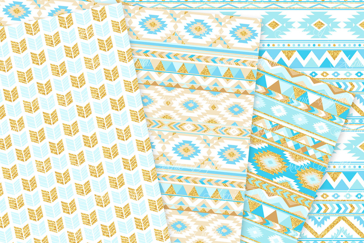 Blue & Gold Boho Seamless Patterns, a Pattern Graphic by Avenie Digital