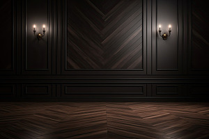 Black classic wooden highlighted wall background with lamp, sconce on the wall,, a Background Photo by zakiroff