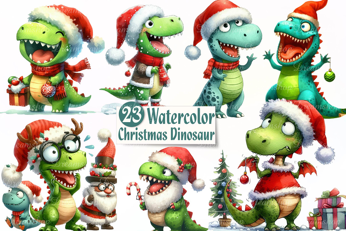 Christmas Funny Dinosaur Clipart, an Illustration by CreationArt (Photo 1 of 6)