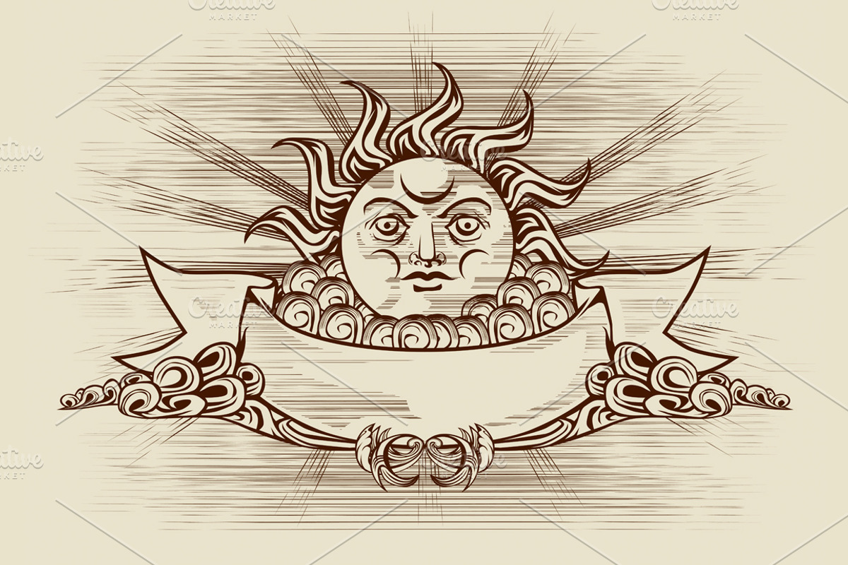 Vintage Sun Face, a Decorative Illustration by Mak_Art