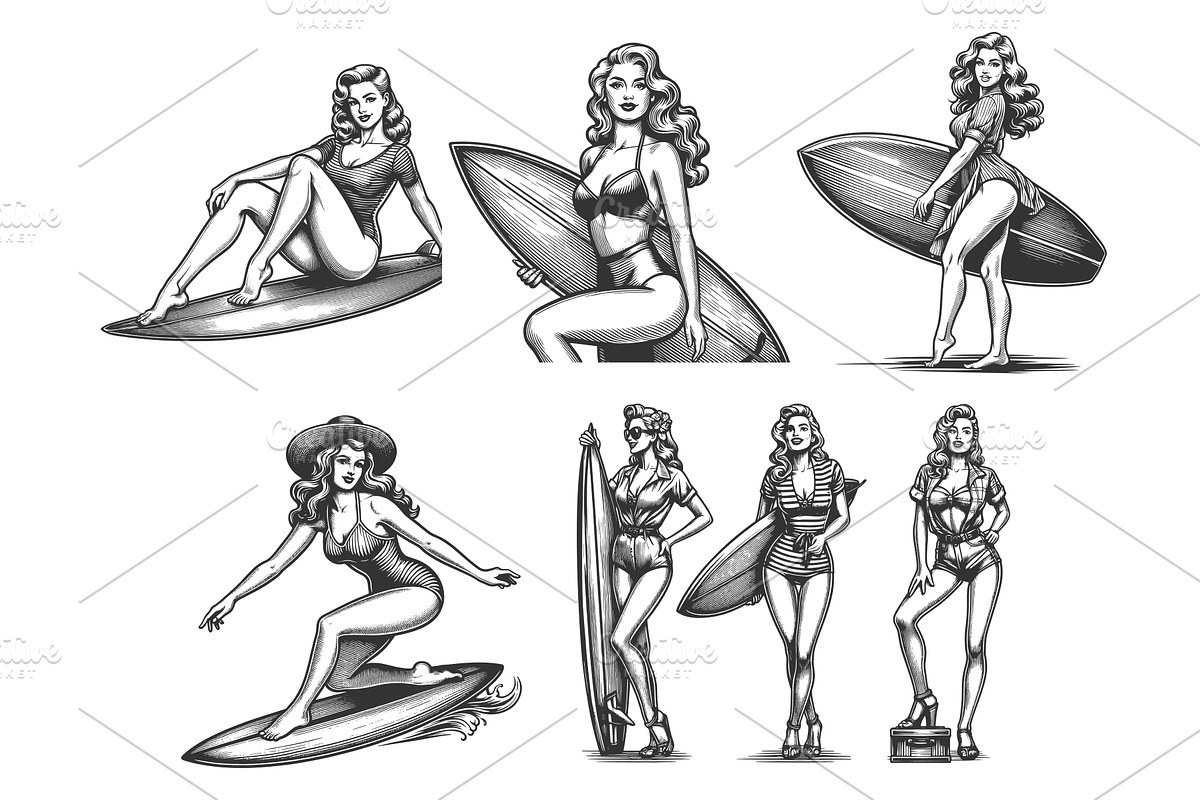Pin-Up Girls Surfing engraving, a Person Illustration by AlexArt