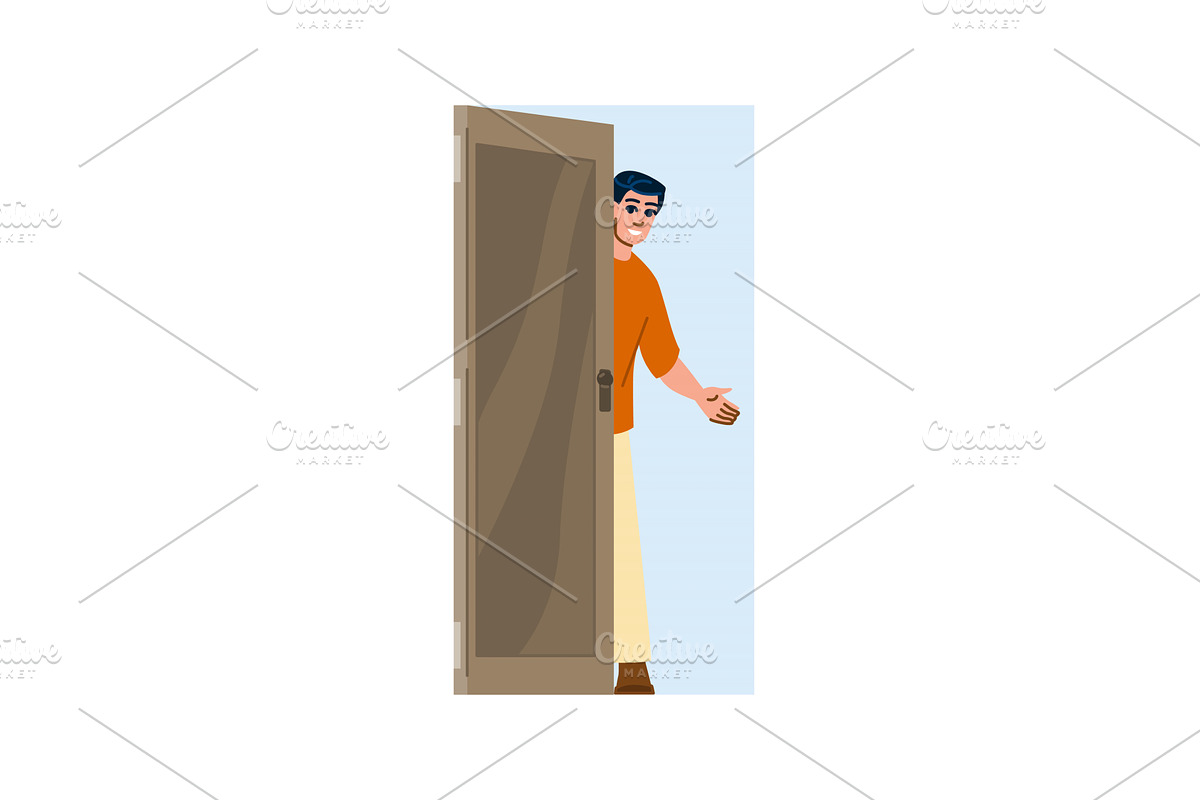 Smiling man opening door and, a Person Illustration by pikepicture