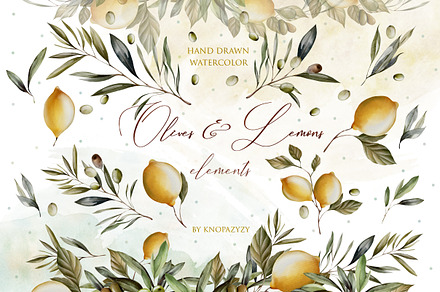 Watercolor Olives & Lemons, an Object Graphic by Knopazyzy