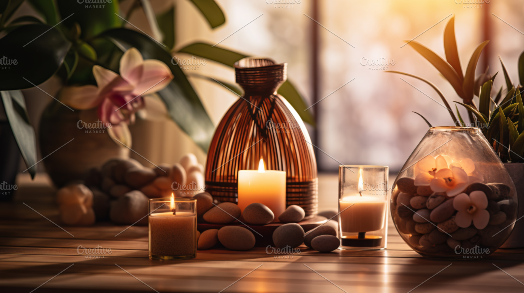 Spa, aromatherapy and candles on table for zen, calm and peace t, an Abstract Photo by Natalia Klenova's Shop