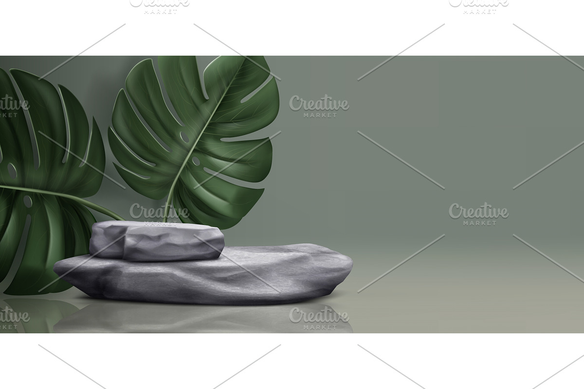 Stone podium with monstera leaves, an Object Illustration by art PVP - market