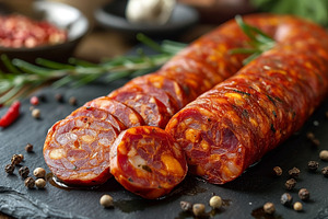 Sliced Spanish chorizo sausage on a slate board with herbs and s, a Food & Drink Photo by ImageMir