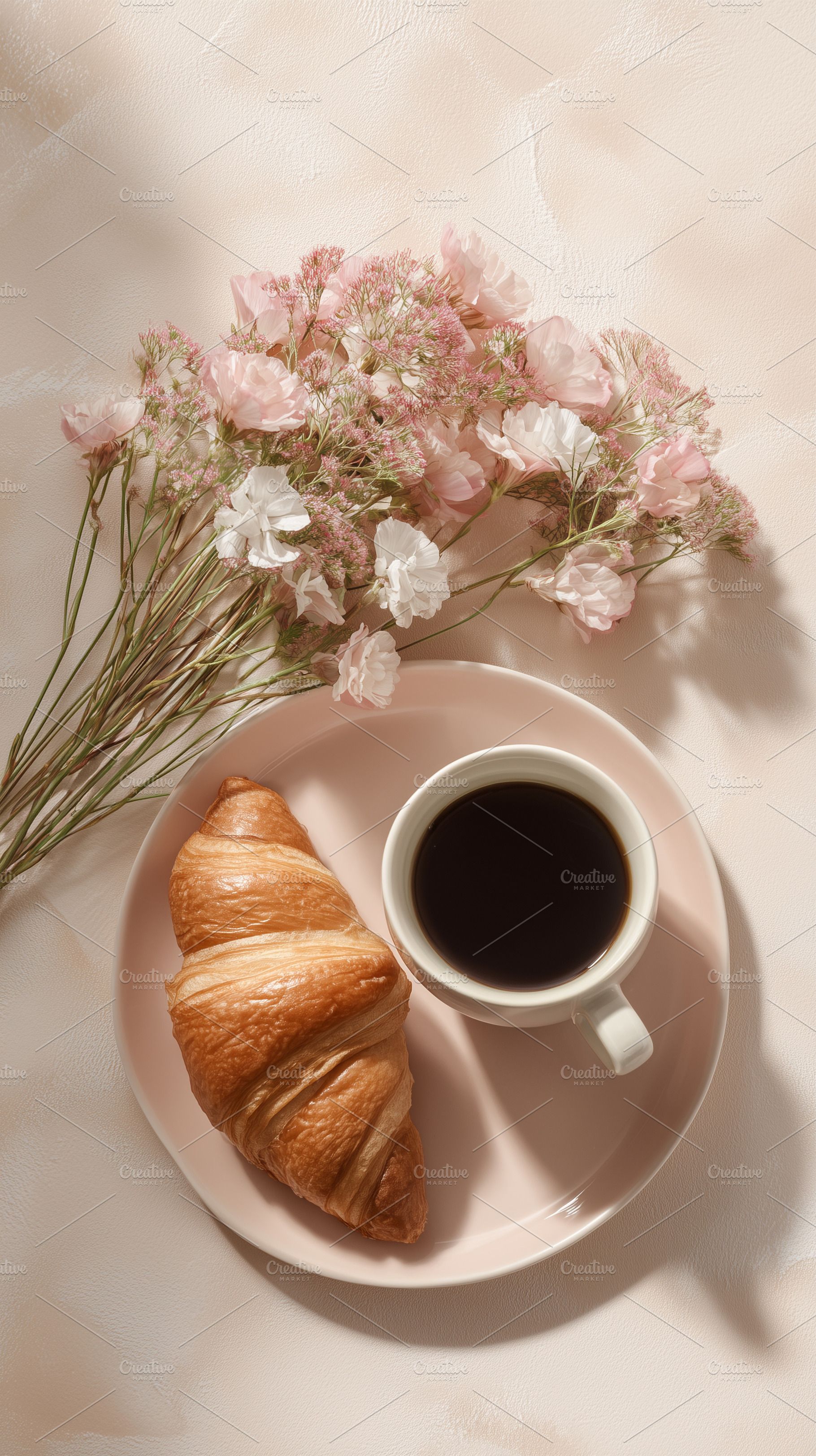 Cup of coffee and croissant, a Food & Drink Photo by MistyDay