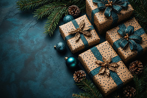 Christmas gift boxes arranged with festive decorations. Generative AI, a Holiday Photo by OSORIOartist