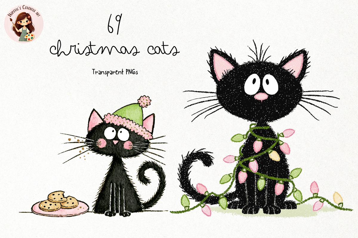 Christmas Cats PNG Clipart Bundle, a Seasonal Illustration by Nicolle's Colorful Art (Photo 1 of 6)