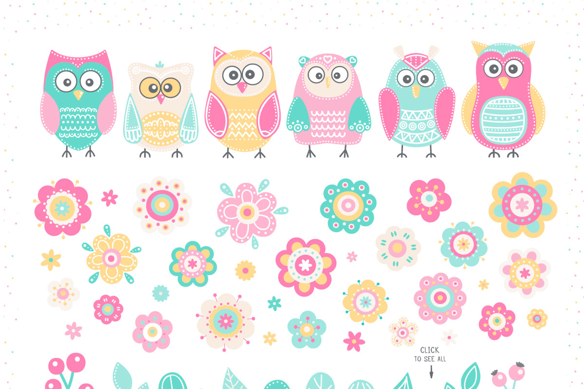 Owls And Flowers. Vector Clip Art., an Illustration by Fairy dreams (Photo 2 of 10)