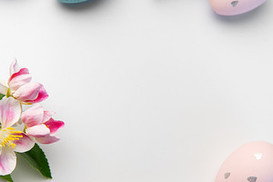 Easter eggs and spring flowers creating border background, a Holiday Photo by Olena Rudo