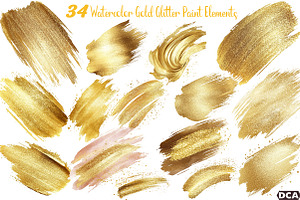 Watercolor Gold Glitter Paint Elemen, an Illustration by DreamCafeArt