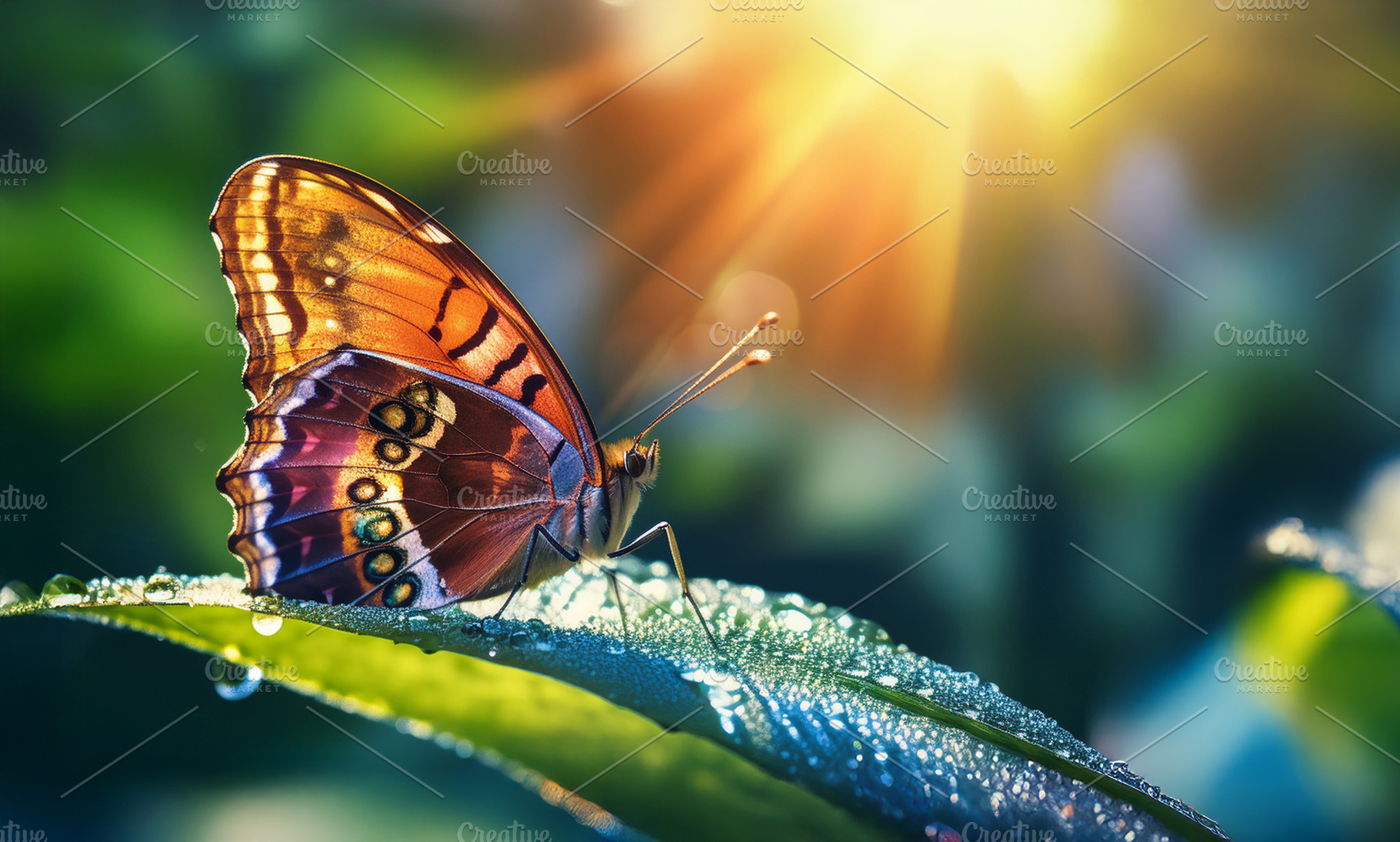 Colorful Butterfly on Dewy Leaf at Sunrise, a Nature Photo by Davizro's Market