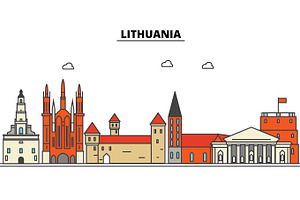 Lithuania, . City Skyline: Architecture, Buildings, Streets, Silhouette, Landscape, Panorama, Landmarks. Editable Strokes. Flat Design Line Vector Ill