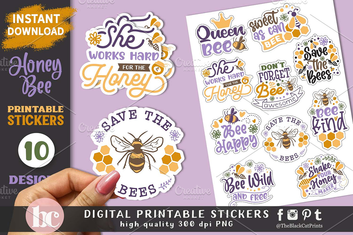 Honey & Bee Stickers Pack PNG, an Animal Illustration by TheBlackCatPrints (Photo 3 of 3)