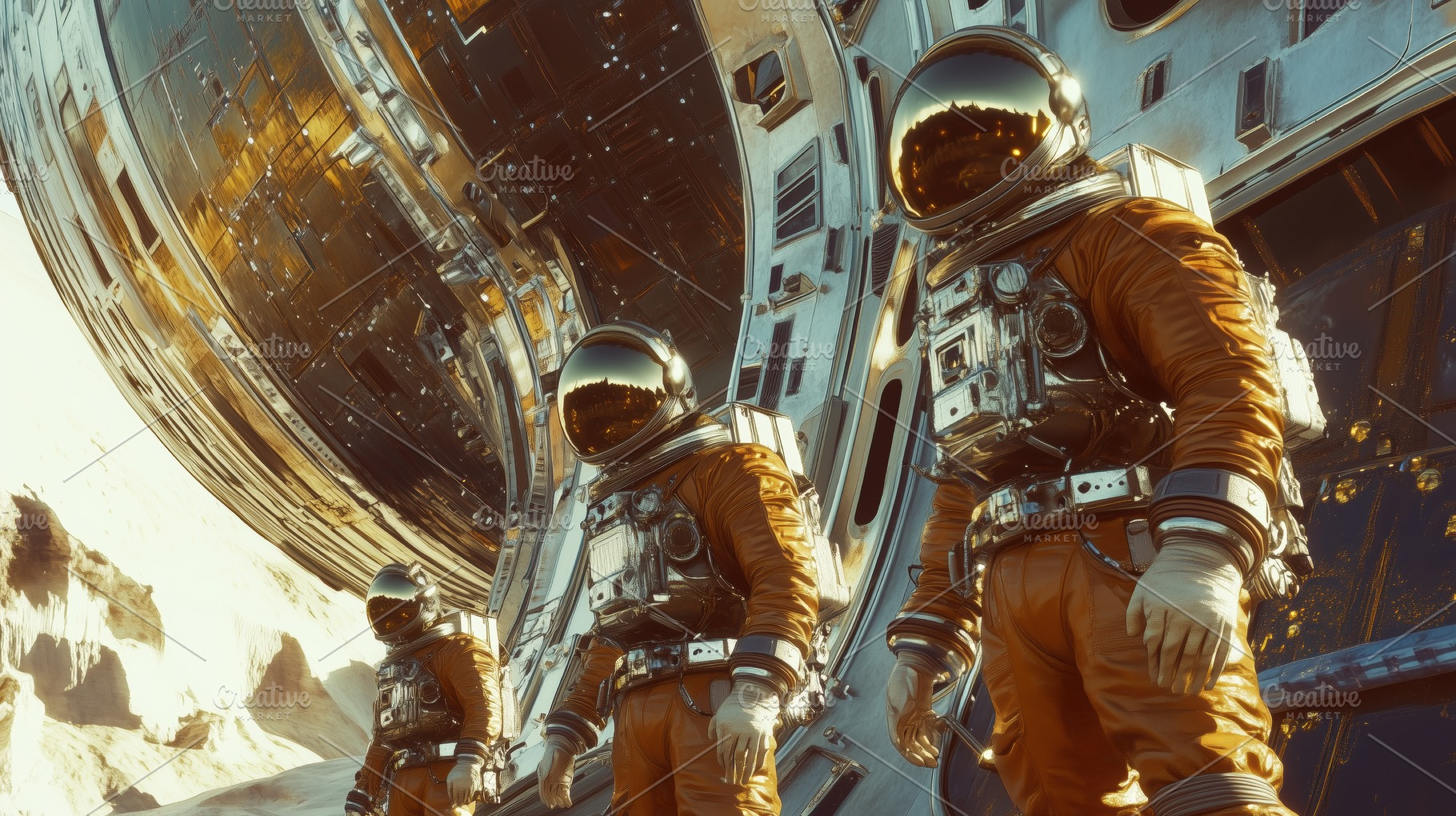 Three astronauts in orange space suits stand on a lunar-like surface, with a fu, an Arts & Entertainment Photo by Textures & Backgrounds