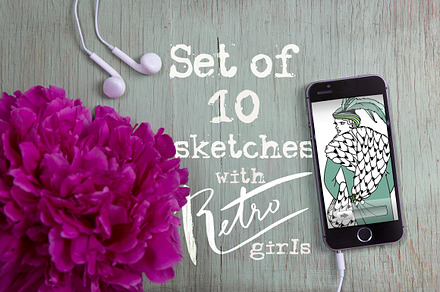 Set of sketch with retro girls