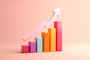 Growth in performance visualized with bars and an upward arrow on a pastel back, a Business Photo by AlyaAnd