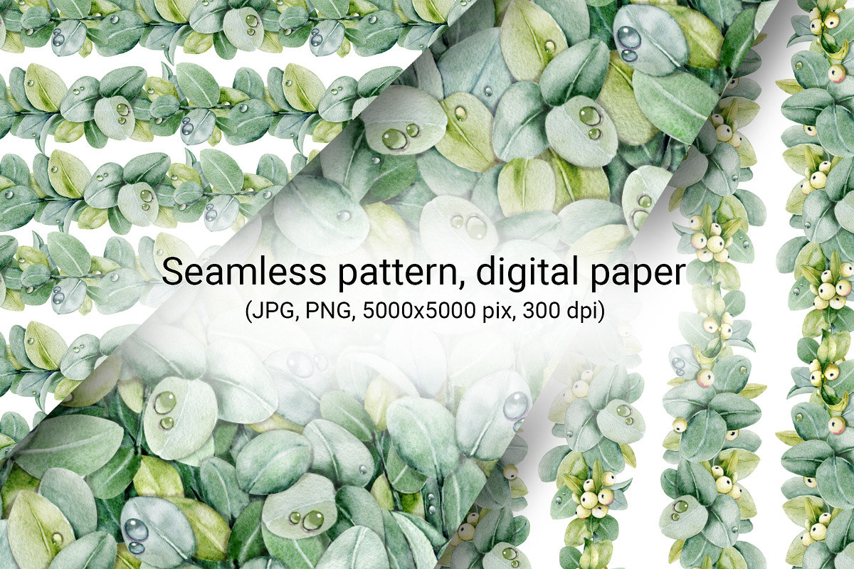 Eucalyptus watercolor digital paper, a Pattern Graphic by Artmanata (Photo 5 of 11)
