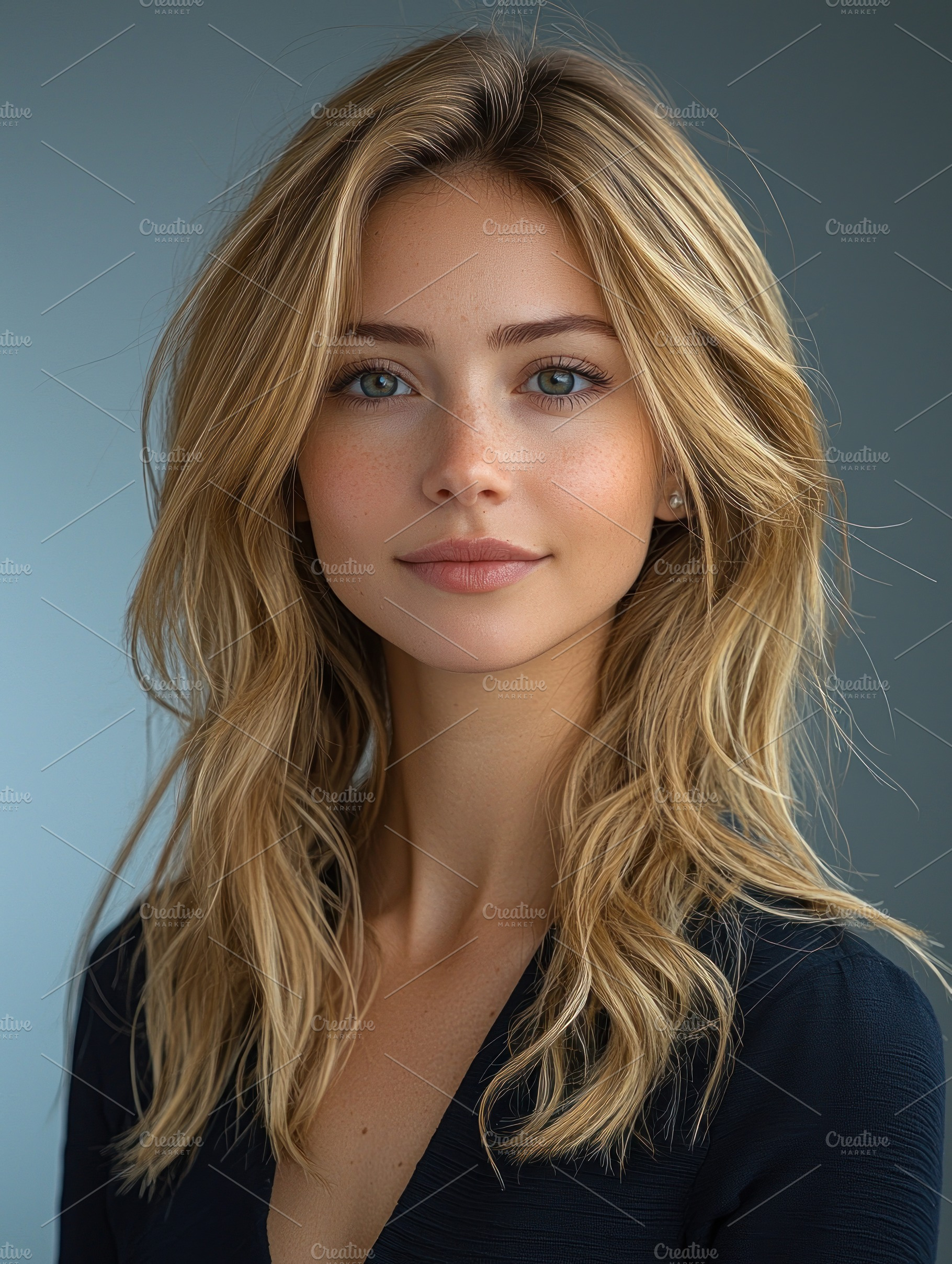 Confident young woman with long wavy blonde hair and blue eyes s, a Person Photo by José Manuel Gelpi