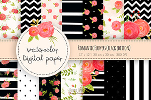 Romantic flowers digital paper black