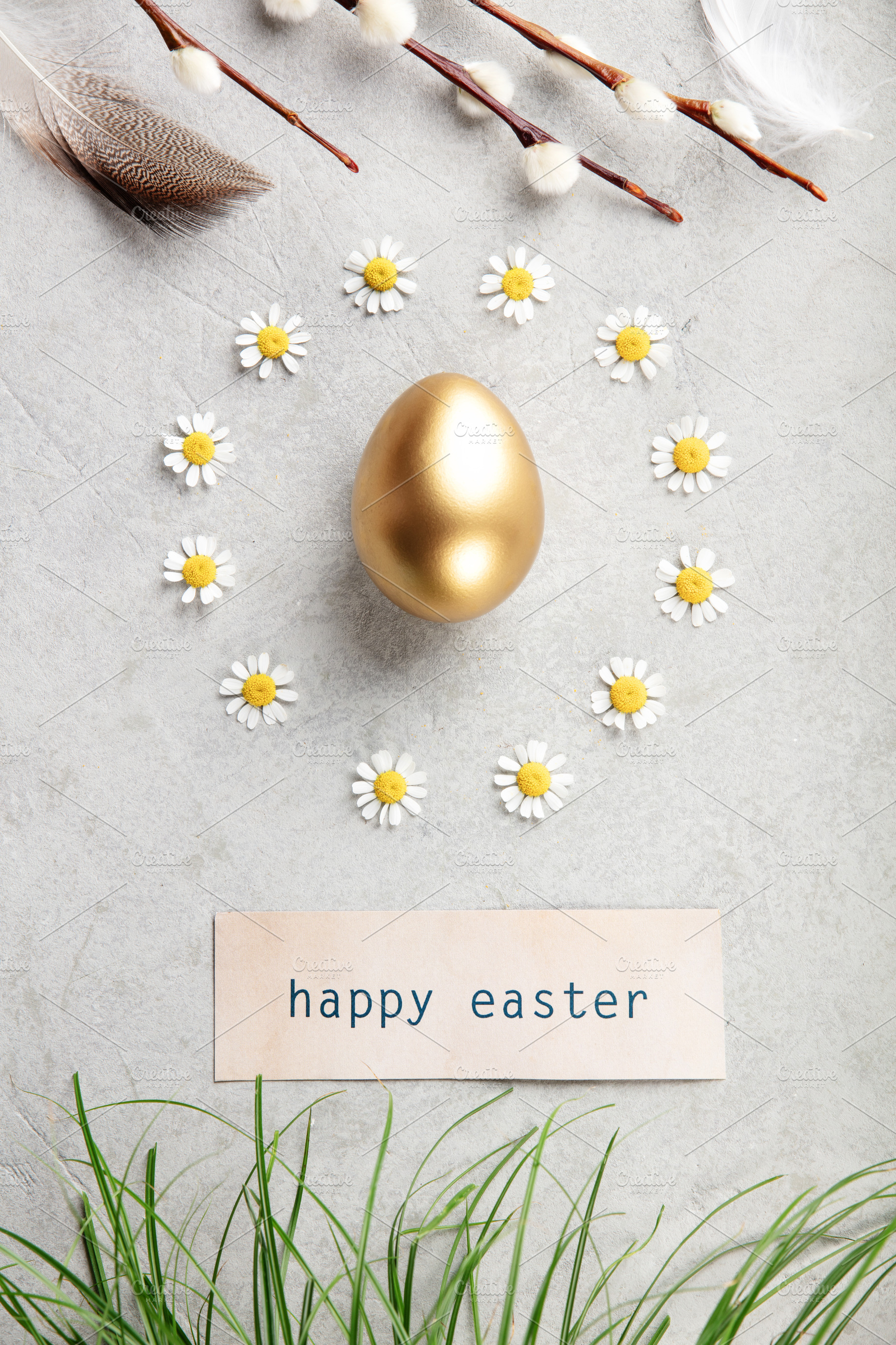 Golden Easter Egg with Daisy Wreath and Happy Easter Card, a Holiday Photo by Natalia Klenova's Shop