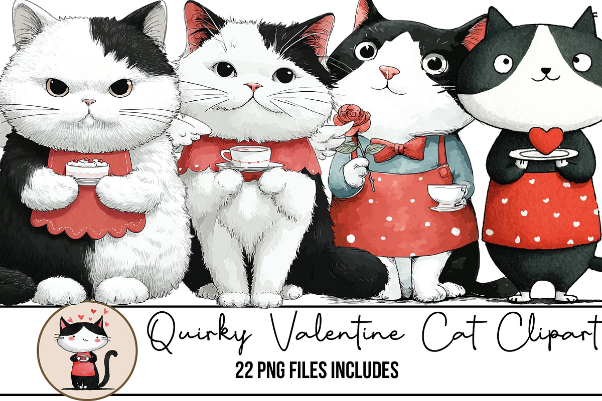 Quirky Valentine Cat Clipart, an Illustration by DreamArtGraphic (Photo 1 of 4)