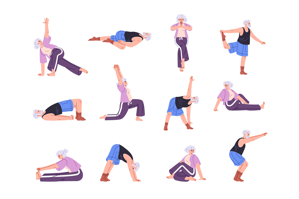 Senior people in yoga poses set, a Sport Illustration by PaperTrident (Photo 1 of 7)