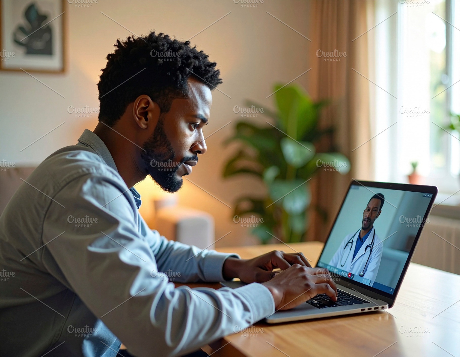 Man atient at home using a laptop for a telemedicine consultatio, a Health & Medical Photo by DanFLCreativo