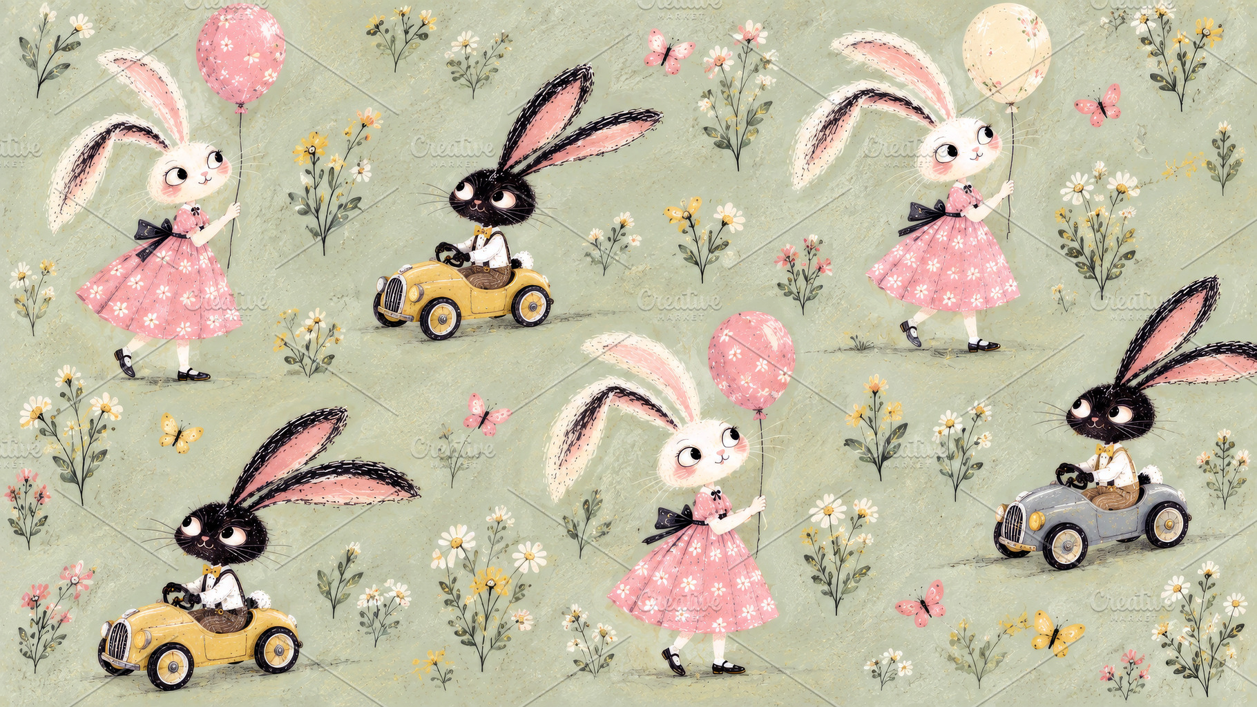 Whimsical pattern of white rabbits in pink floral dresses holdin, an Arts & Entertainment Photo by Imaginarium