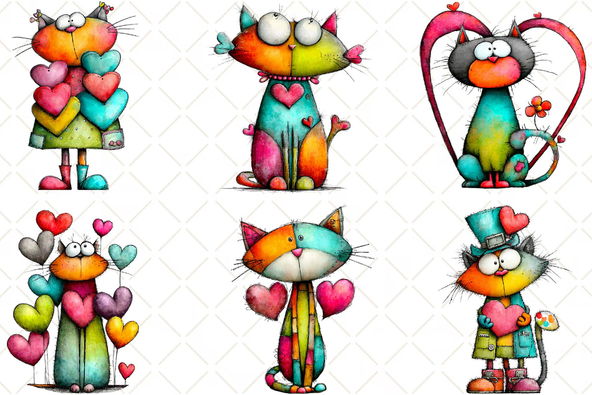 Quirky Valentine Cats Clipart, an Animal Illustration by Black Bird Studio (Photo 6 of 6)