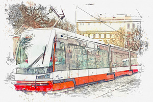 A Tram Moving Along A Street