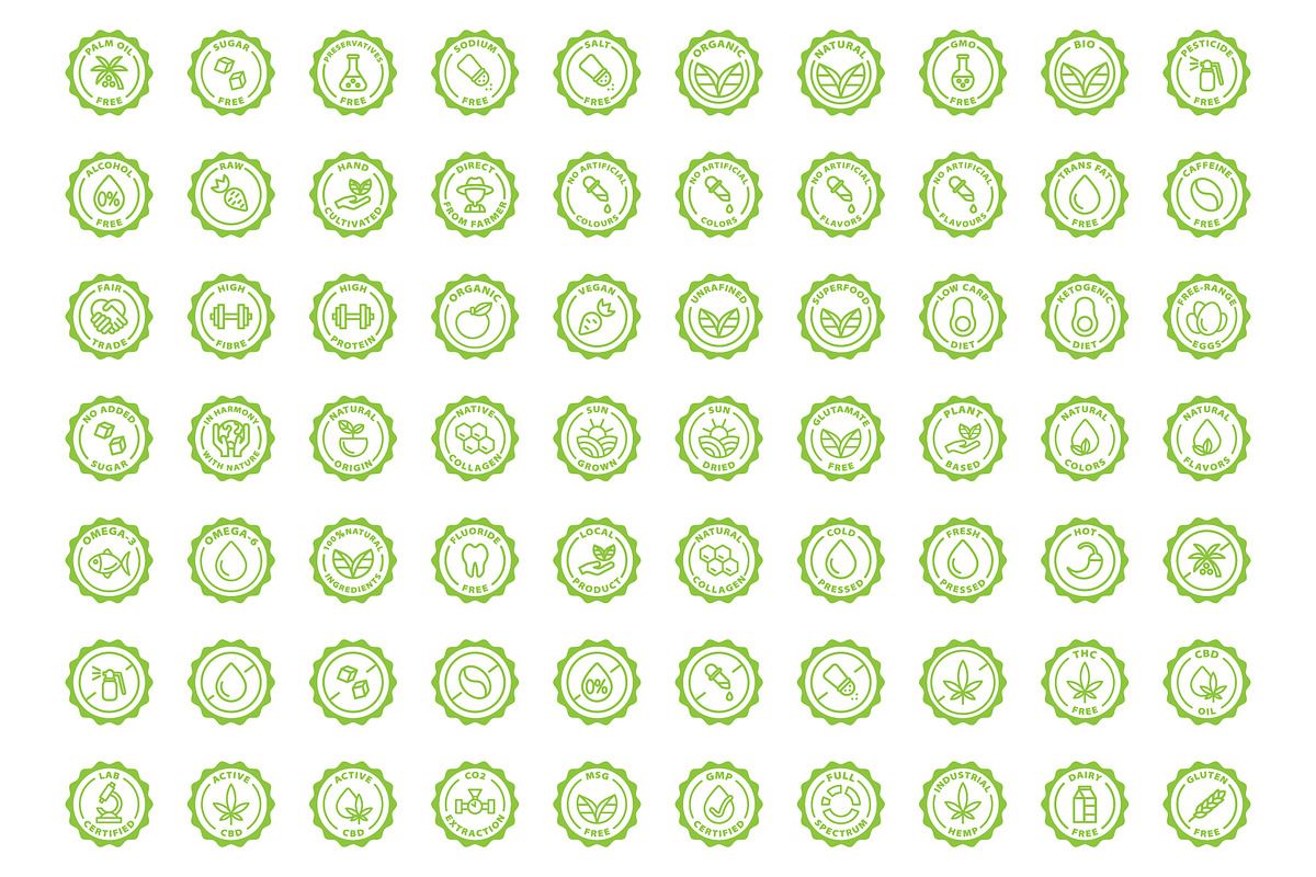 Eco, bio and quality green stamps, an Outline Icon by RevolutionizZed (Photo 8 of 11)