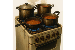 Four Pots Cooking Stew on Gas Stove, a Food Illustration by AlexArt