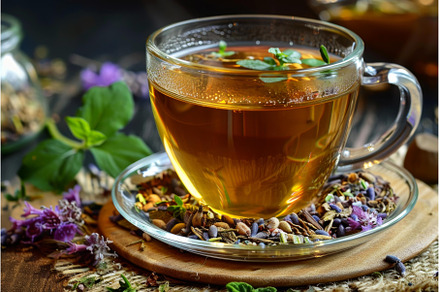 Aromatic herbal tea in glass cup, a Food & Drink Photo by Ylivdesign