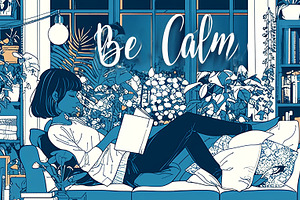 Young woman relaxing comfortably with plants in a cozy living room, an Illustration by AS photostudio