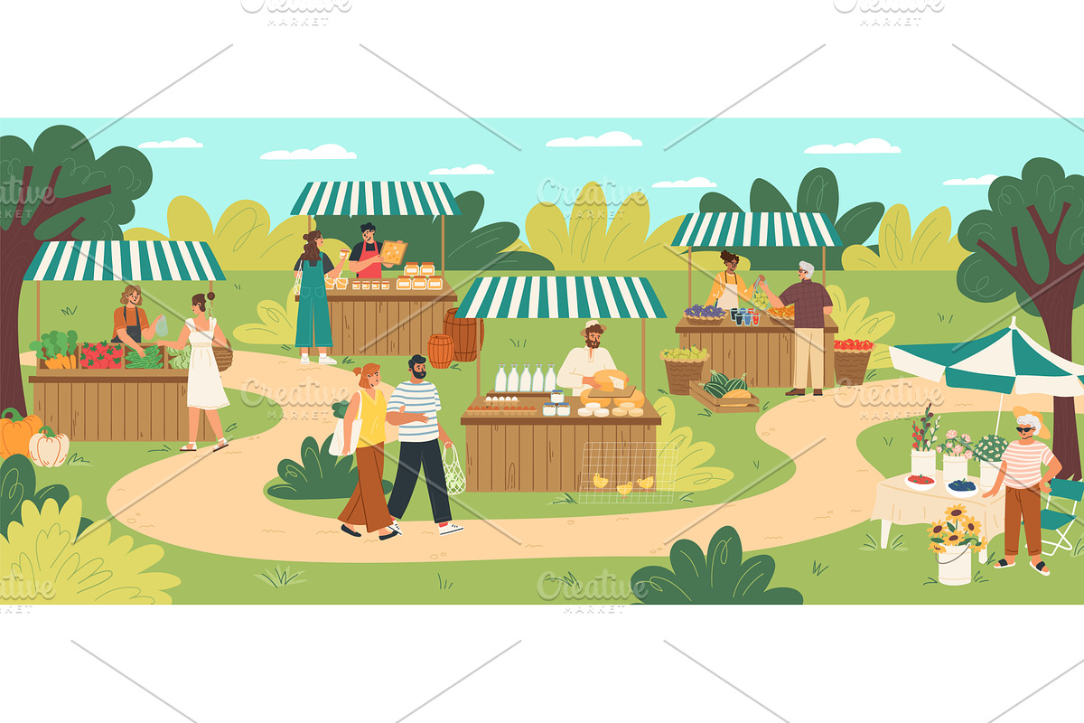 Stalls filled with fresh fruits, an Illustration by vectorpointstudio